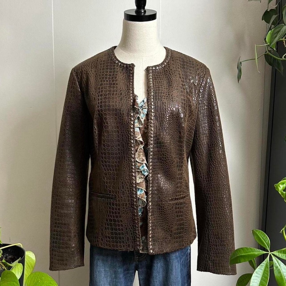 Chicos Brown Faux Leather Crocodile Embossed Studded Jacket Size 1 Medium 8